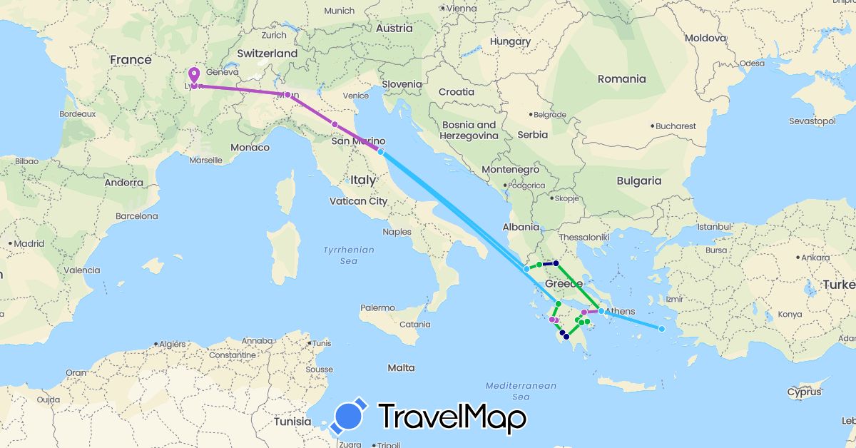 TravelMap itinerary: driving, bus, train, boat in France, Greece, Italy (Europe)
